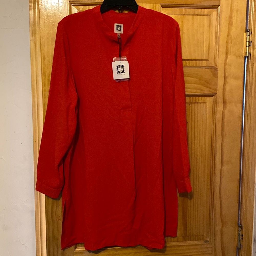 Anne Klein Beautiful Red Stand Up Collar Long Shirt New With Tags
